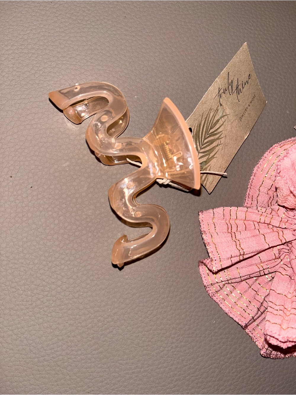 Pink Ruffled Fabric Scrunchie with Gold Threading - Picture 2 of 7